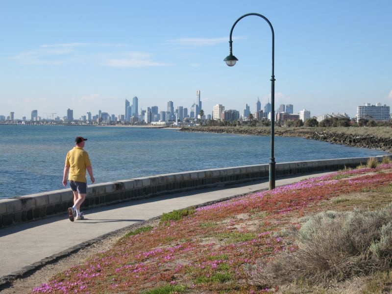 Elwood - Point Ormond Reserve and lookout at Point Ormond Hill - Northerly view towards city skyline from coastal path at base of Point Ormond Hill