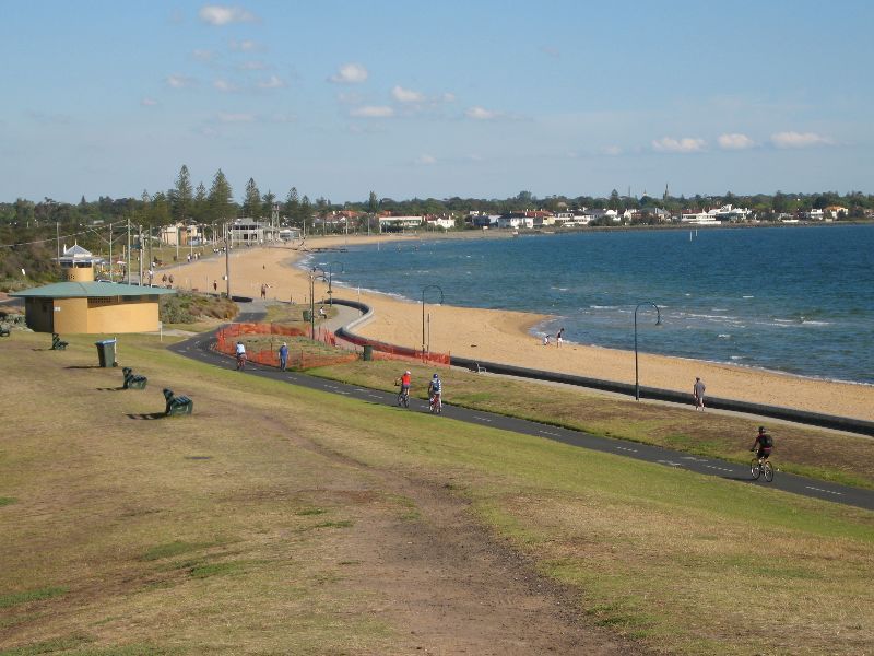 Elwood - Point Ormond Reserve and lookout at Point Ormond Hill - View south-east along foreshore and beach from lookout