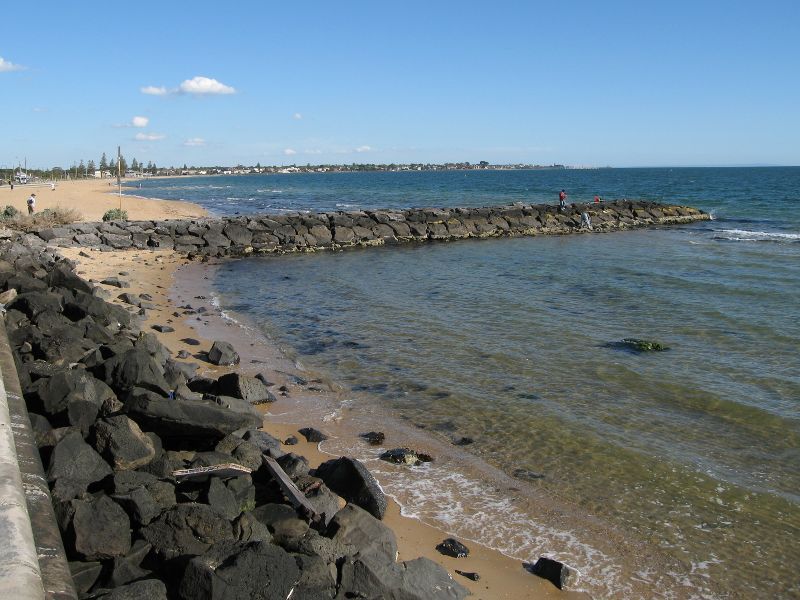 Elwood - Point Ormond Reserve and lookout at Point Ormond Hill: View south-east along coast towards groyne