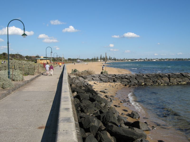 Elwood - Point Ormond Reserve and lookout at Point Ormond Hill - View south-east along coastal pathway towards groyne and Elwood Beach