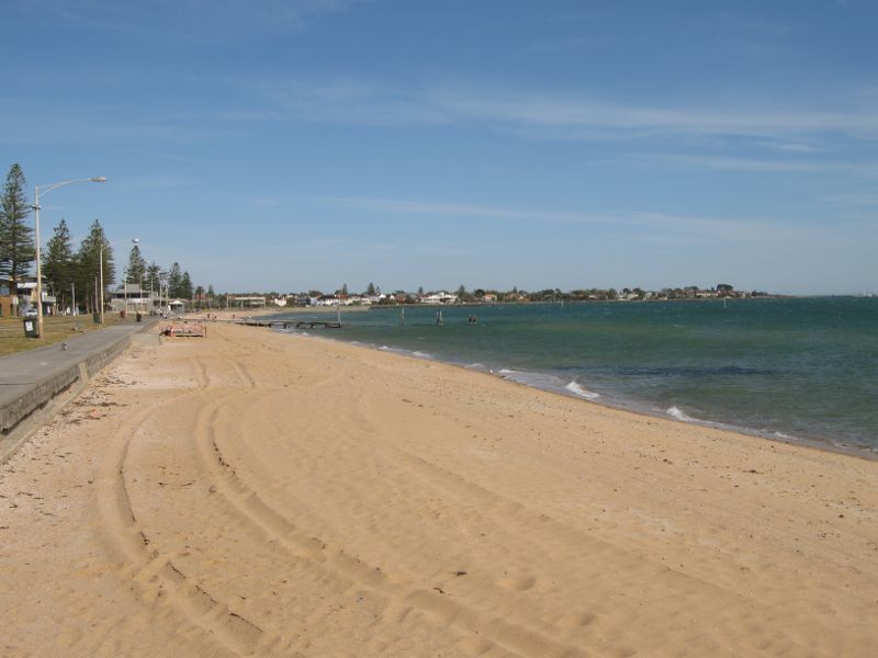 Elwood - Elwood Beach and coastline between Point Ormond and diversion drain: View south-east along beach towards angling and sailing club