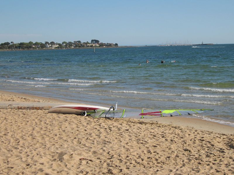 Elwood - Elwood Beach and coastline between Point Ormond and diversion drain: View across beach in front of sailing club