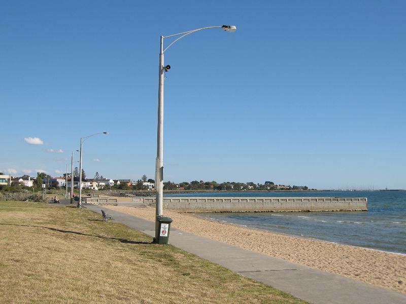 Elwood - Beach and coastline at diversion drain at end of Head Street: View south-east along foreshore and beach towards diversion drain