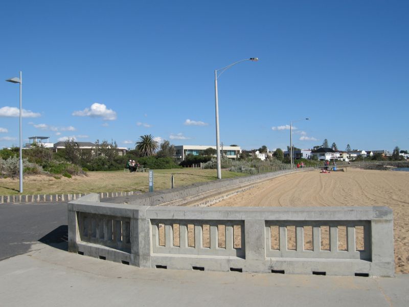 Elwood - Beach and coastline at diversion drain at end of Head Street: View south-east along foreshore and beach at entrance to diversion drain