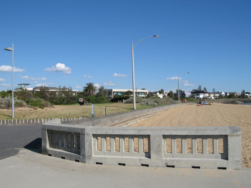 Elwood - Beach and coastline at diversion drain at end of Head Street - View south-east along foreshore and beach at entrance to diversion drain