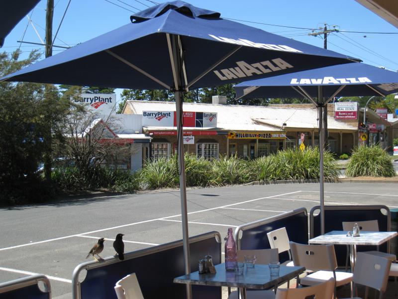 Emerald - Shops and commercial centre, Kilvington Drive: View north across Main St east of Kilvington Dr
