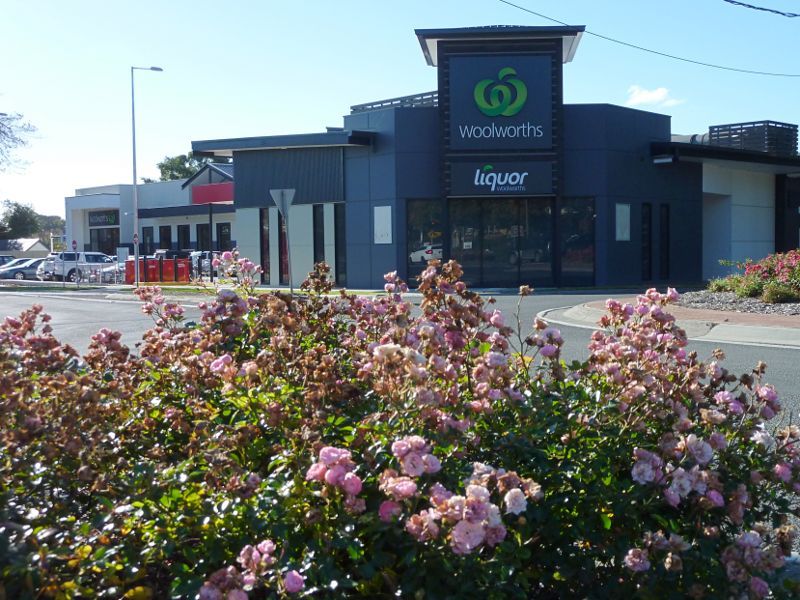 Emerald - Shops and commercial centre, Main Street between Beaconsfield Road and Monbulk Road: Woolworths supermarket, corner Main St and Monbulk Rd