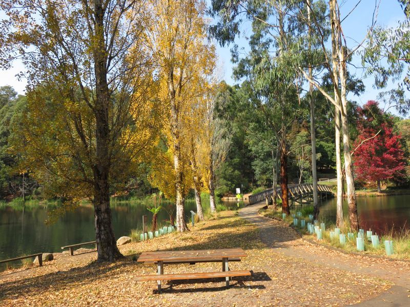 Emerald - Emerald Lake Park: View south towards footbridge over Lake Treganowan