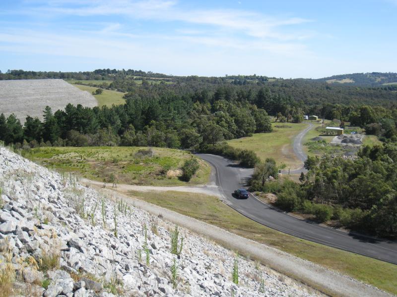 Emerald - Cardinia Reservoir Park: View south-west down to bushland from dam wall near Lookout Car Park