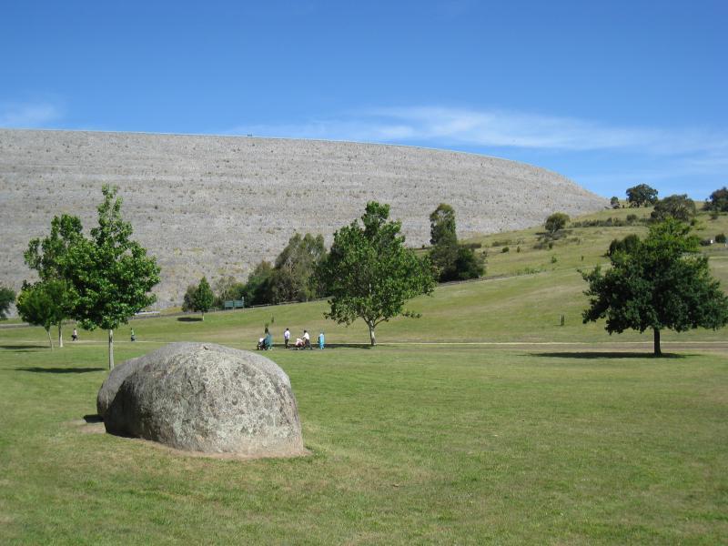 Emerald - Cardinia Reservoir Park: View south-east across lawns towards dam wall