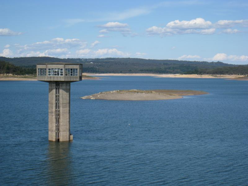 Emerald - Cardinia Reservoir Park: View east towards water outlet tower from dam wall