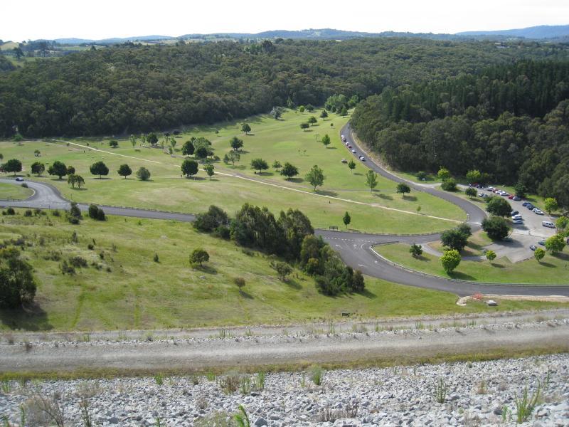 Emerald - Cardinia Reservoir Park: View west from dam wall over lawns