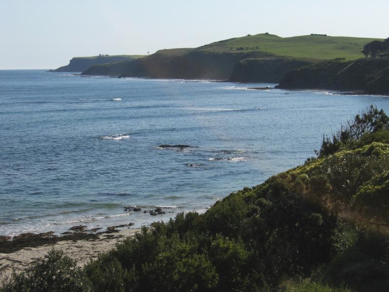 Flinders - Coast along Bass Strait and Ocean Beach: View west along coast to Ocean Beach from Golf Links Rd