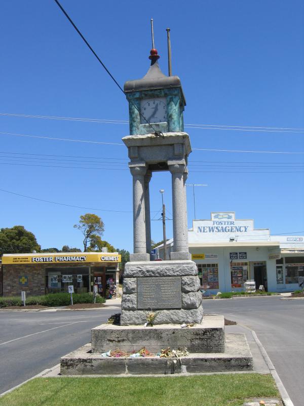 Foster - Shops and commercial centre, Main Street and Station Street: War memorial clock tower, view west along Main St towards Station St