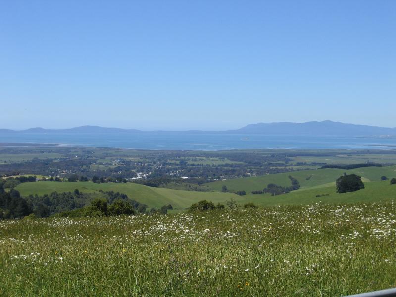 Foster - Lookout, South Gippsland Highway at Foster North: View south-east towards Foster, Corner Inlet and Wilsons Promontory