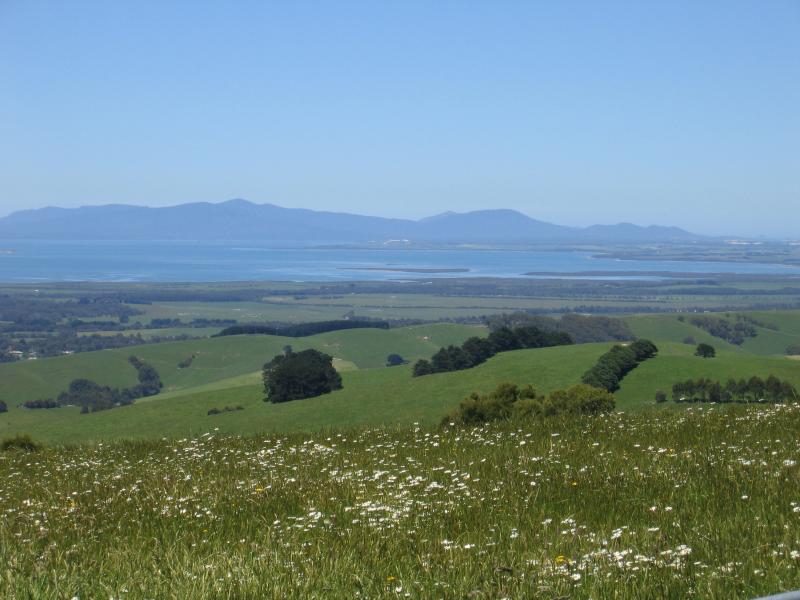 Foster - Lookout, South Gippsland Highway at Foster North: View south-east towards Foster, Corner Inlet and Wilsons Promontory