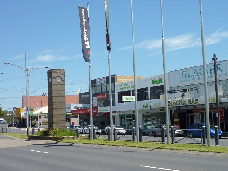 Frankston - Shops and commercial centre between Nepean Highway and Young Street - View south along Nepean Hwy at clocktower towards Playne St