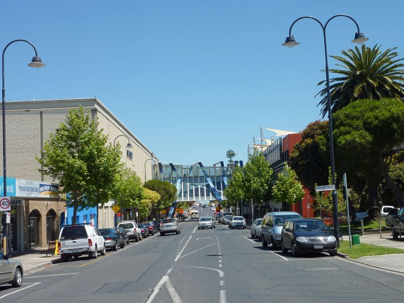 Frankston - Shops and commercial centre between Nepean Highway and Young Street: View west along Beach St at Ross Smith La