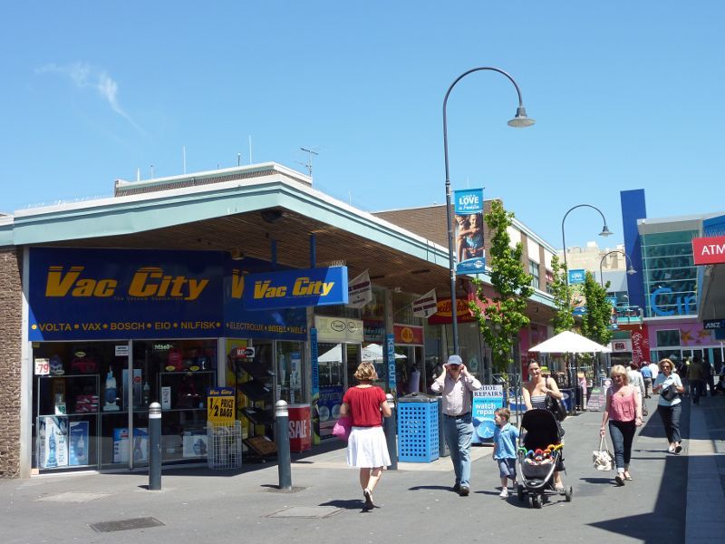 Frankston - Shops and commercial centre between Nepean Highway and Young Street: View south along Shannon St Mall towards Wells St