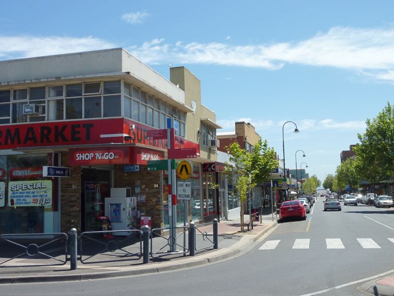 Frankston - Shops and commercial centre between Nepean Highway and Young Street - View west along Wells St at Young St