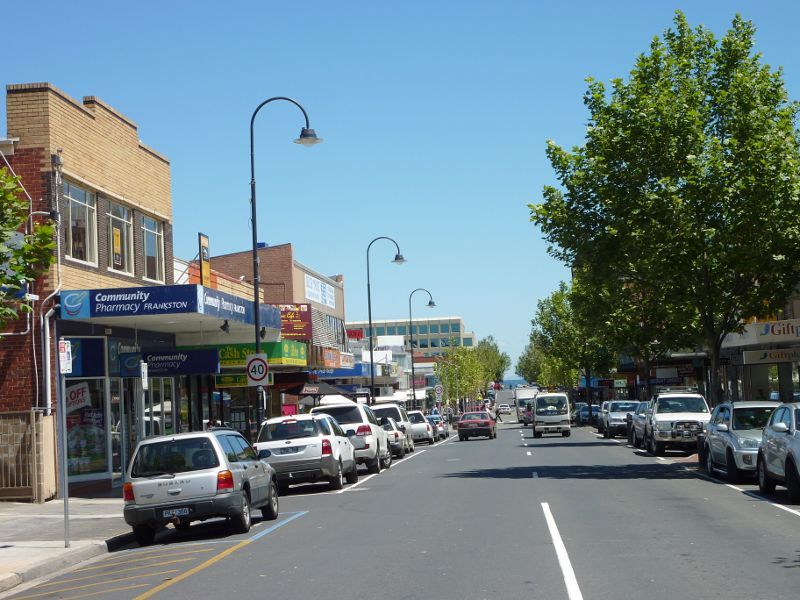 Frankston - Shops and commercial centre between Nepean Highway and Young Street - View west along Wells St west of Young St