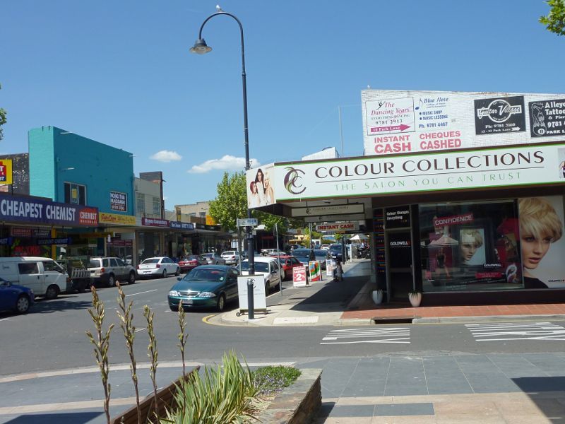 Frankston - Shops and commercial centre between Nepean Highway and Young Street - View east along Wells St at Park La