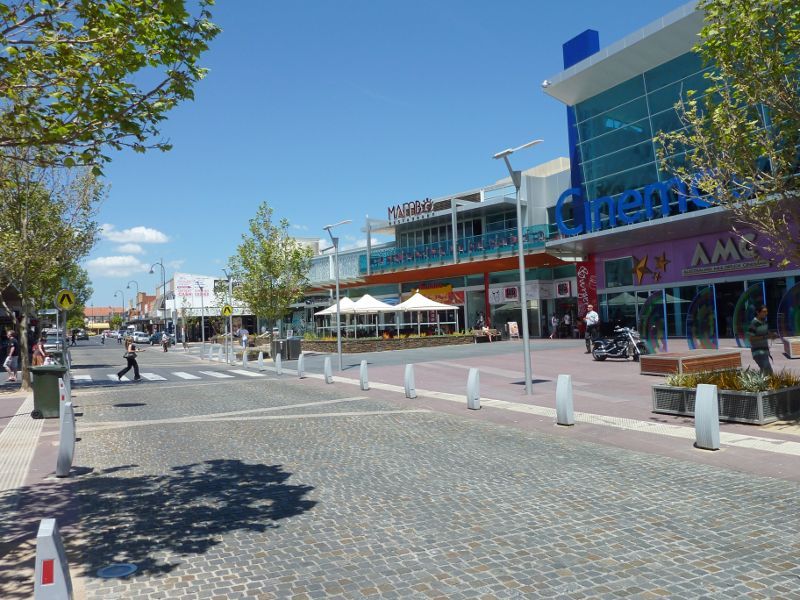 Frankston - Shops and commercial centre between Nepean Highway and Young Street - View east along Wells St at Bayside Entertainment Centre