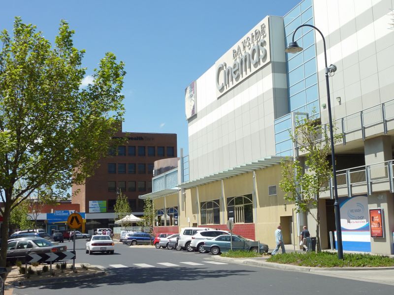 Frankston - Shops and commercial centre between Nepean Highway and Young Street: View north along Thompson St at Bayside Entertainment Centre towards Wells St