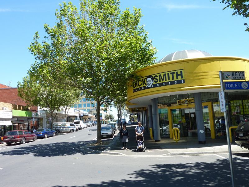 Frankston - Shops and commercial centre between Nepean Highway and Young Street: View west along Wells St at Keys St