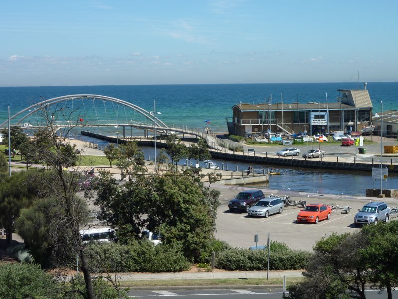 Frankston - Views of Frankston Waterfront and Port Phillip from west end of High Street: View across Kananook Creek towards Landmark Bridge and Frankston Yacht Club
