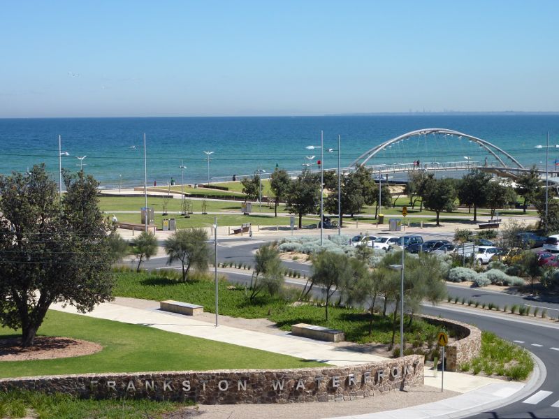 Frankston - Views of Frankston Waterfront and Port Phillip from west end of High Street: View across Pier Promenade towards Landmark Bridge