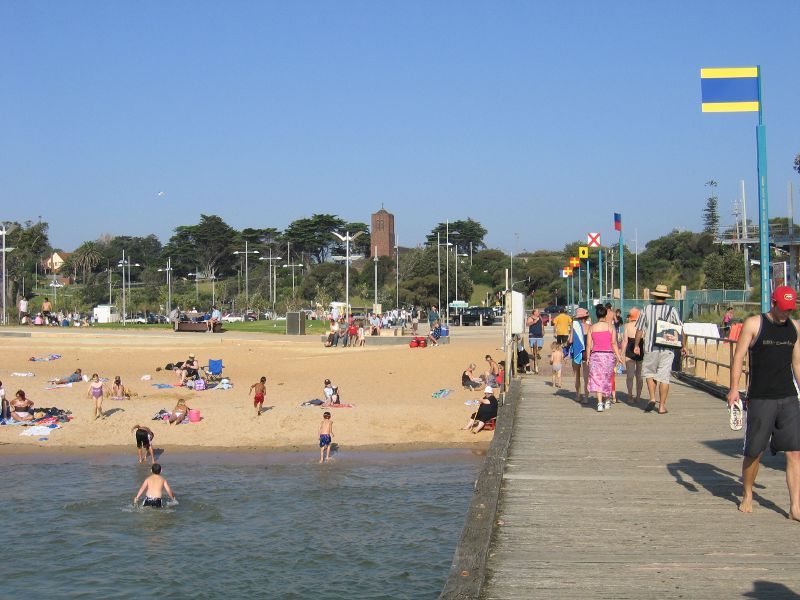 Frankston - Frankston Waterfront and Frankston Pier, Pier Promenade: View back along pier towards the beach