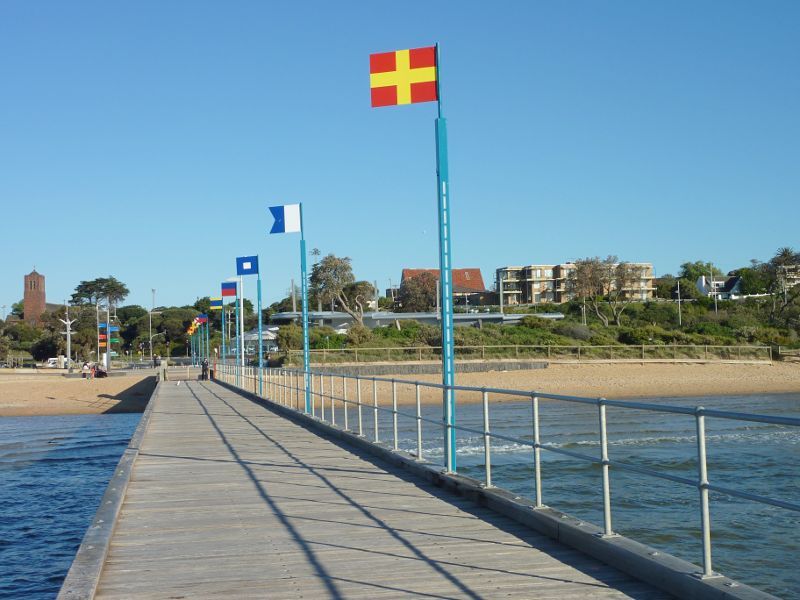 Frankston - Frankston Waterfront and Frankston Pier, Pier Promenade: View back along pier towards the beach