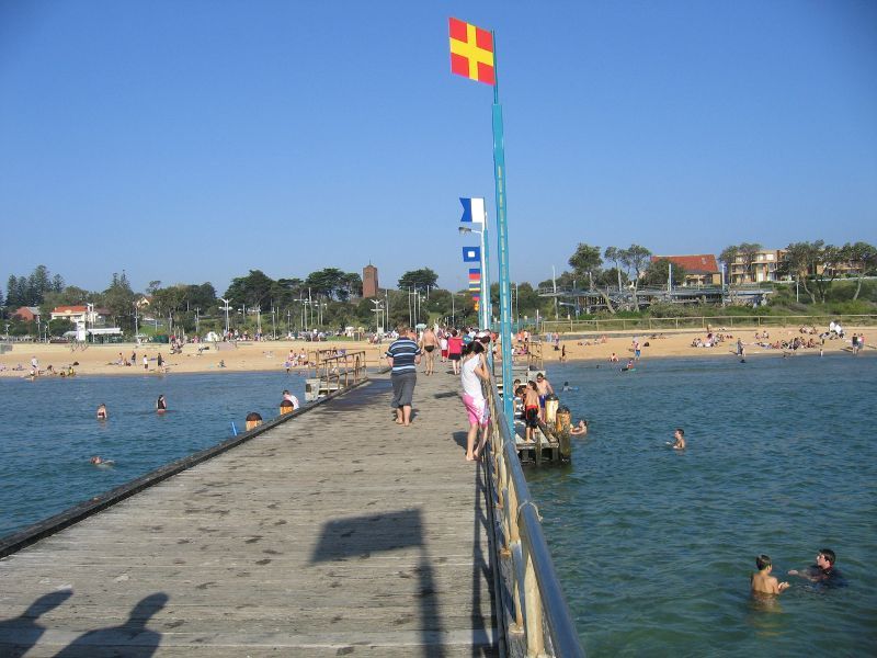 Frankston - Frankston Waterfront and Frankston Pier, Pier Promenade: View back along pier towards the beach