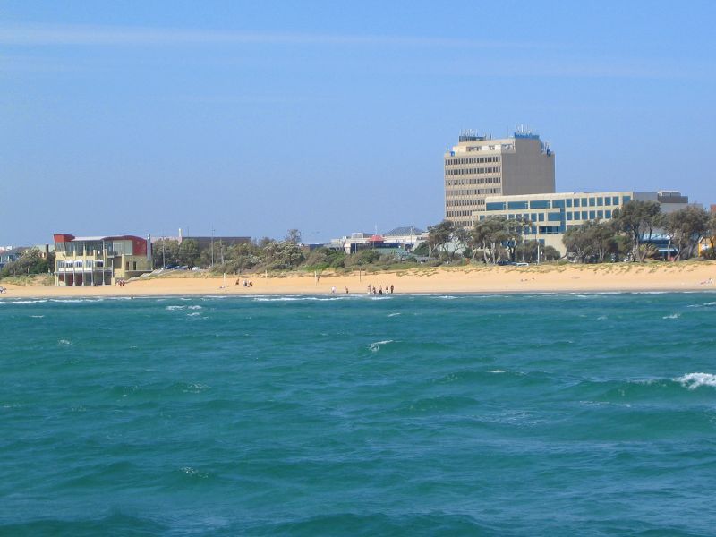 Frankston - Frankston Waterfront and Frankston Pier, Pier Promenade: View towards Frankston Life Saving Club and Peninsula Centre from pier