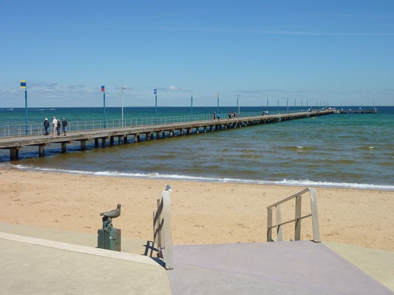 Frankston - Frankston Waterfront and Frankston Pier, Pier Promenade: View towards pier from beach