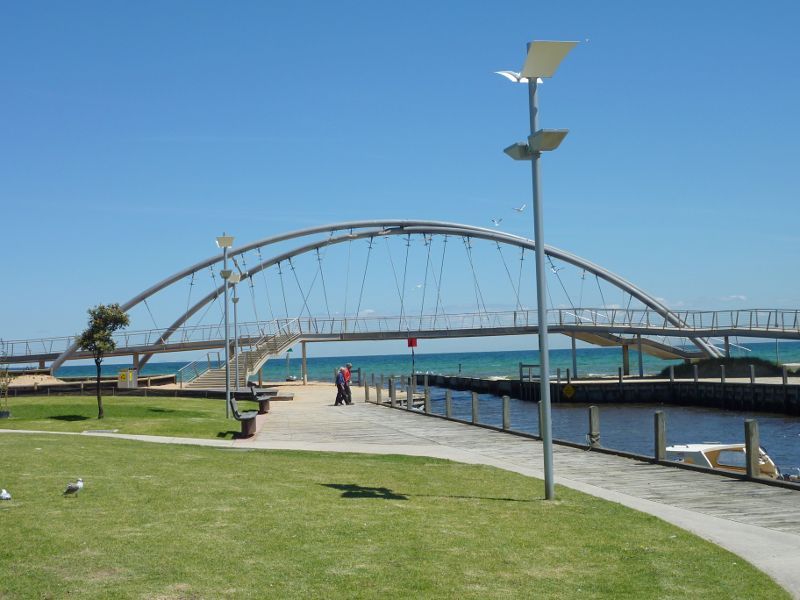 Frankston - Frankston Waterfront and Frankston Pier, Pier Promenade: Westerly view through lawns towards Landmark Bridge