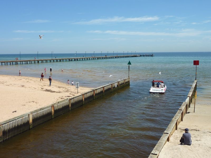 Frankston - Frankston Waterfront and Frankston Pier, Pier Promenade: View from Landmark Bridge towards mouth of Kananook Creek and Frankston Pier