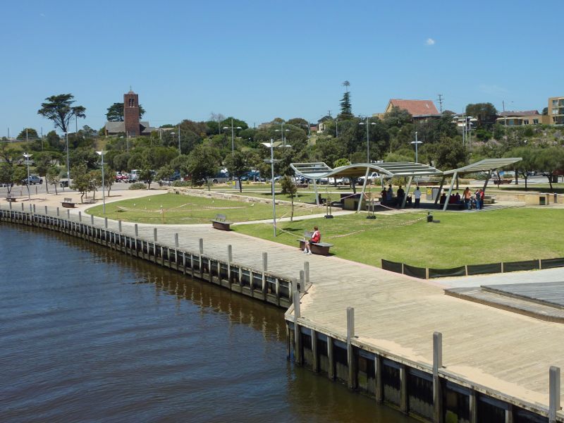 Frankston - Frankston Waterfront and Frankston Pier, Pier Promenade: View from Landmark Bridge towards lawns on south side of Kananook Creek