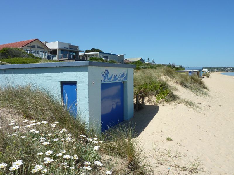 Frankston - Beach at end of Allawah Avenue: Bathing boxes and sheds on foreshore