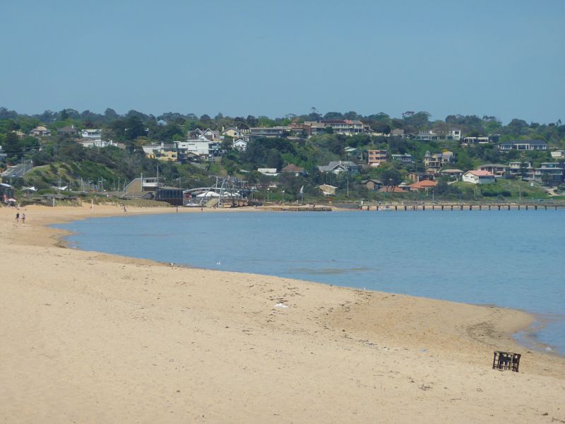 Frankston - Beach at end of Allawah Avenue: View across beach towards Frankston Waterfront area