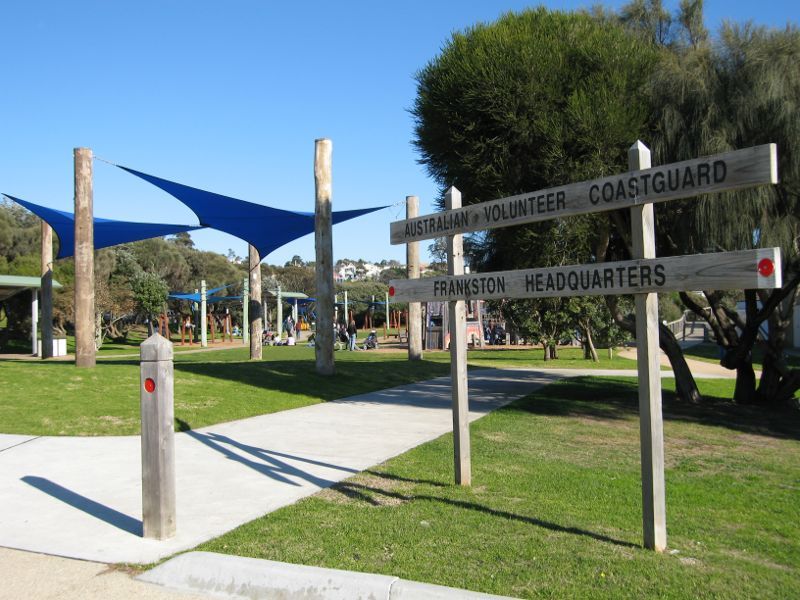 Frankston - Foreshore boardwalk and beach south of Frankston Pier: Playground and picnic area at coast guard