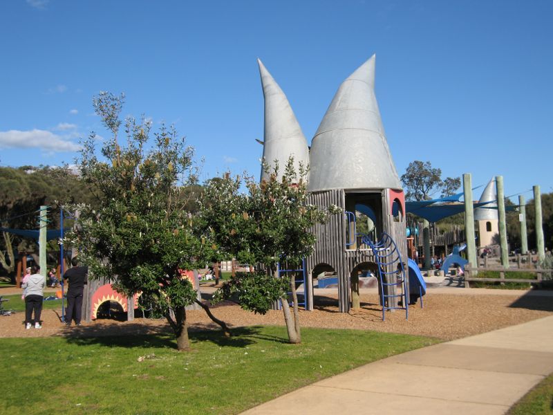 Frankston - Foreshore boardwalk and beach south of Frankston Pier: Playground at coast guard
