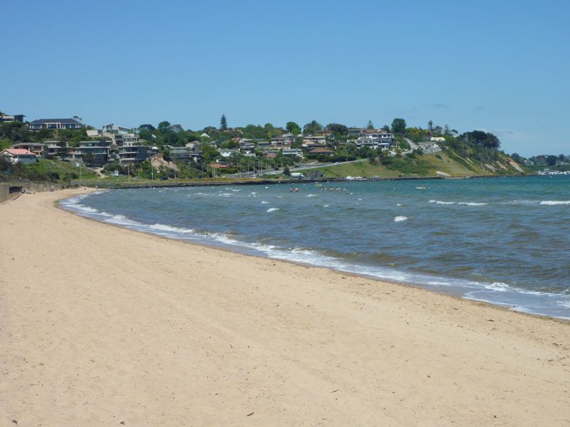Frankston - Foreshore boardwalk and beach south of Frankston Pier - View across beach towards Olivers Hill