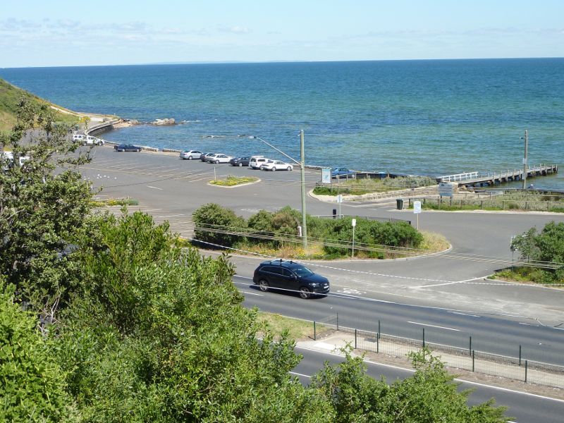 Frankston - Jetty and boat ramp opposite Liddesdale Avenue: View across Nepean Hwy towards boat ramp and jetty