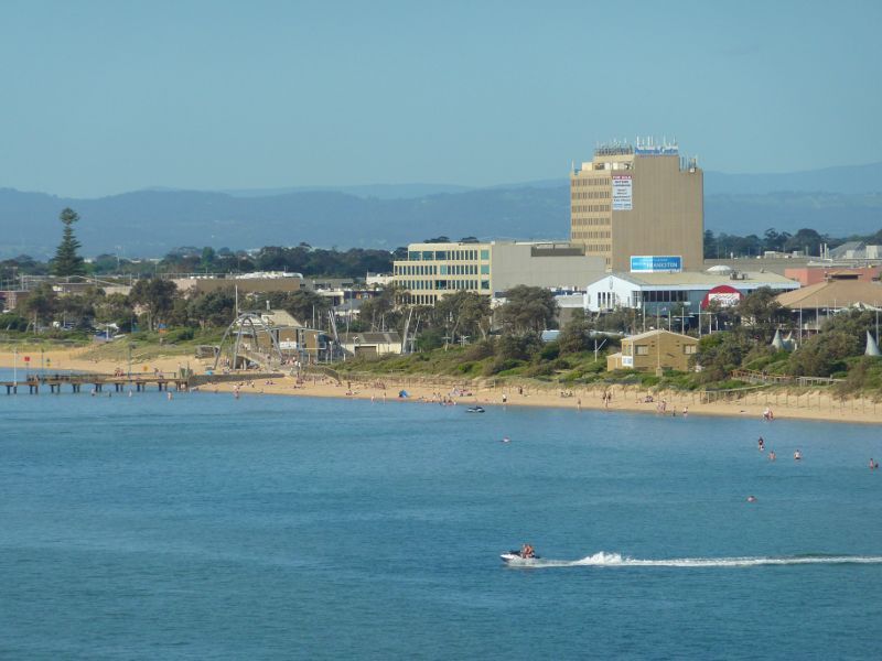 Frankston - Olivers Hill, Nepean Highway: View across bay towards Frankston Waterfront and Peninsula Centre
