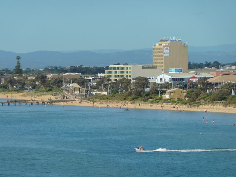 Frankston - Olivers Hill, Nepean Highway - View across bay towards Frankston Waterfront and Peninsula Centre