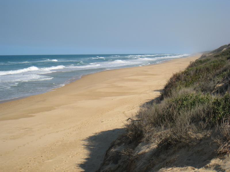 Golden Beach - Camping Reserve, foreshore and beach, Shoreline Drive opposite Moonrise Road: View south-west along beach