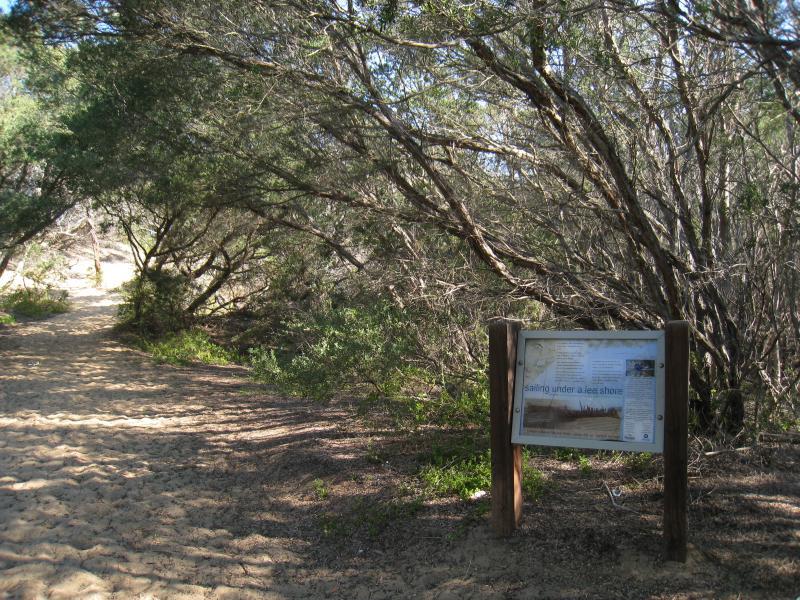 Golden Beach - Trinculo ship wreck on the beach, 6&frac12; kilometres south-west of town centre: Path between car park on Shoreline Dr and beach