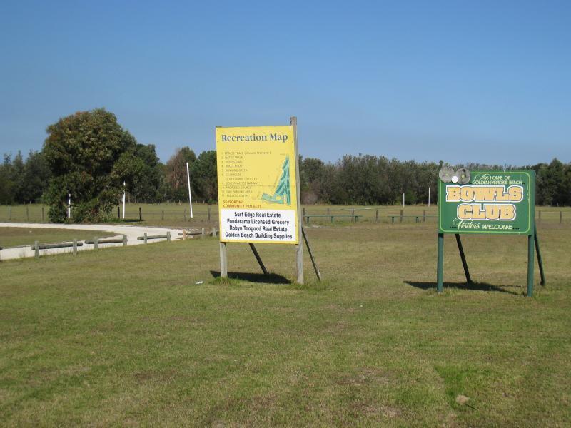 Golden Beach - Veronica Maybury Memorial Reserve, Surf Edge Drive: Information signs near football oval
